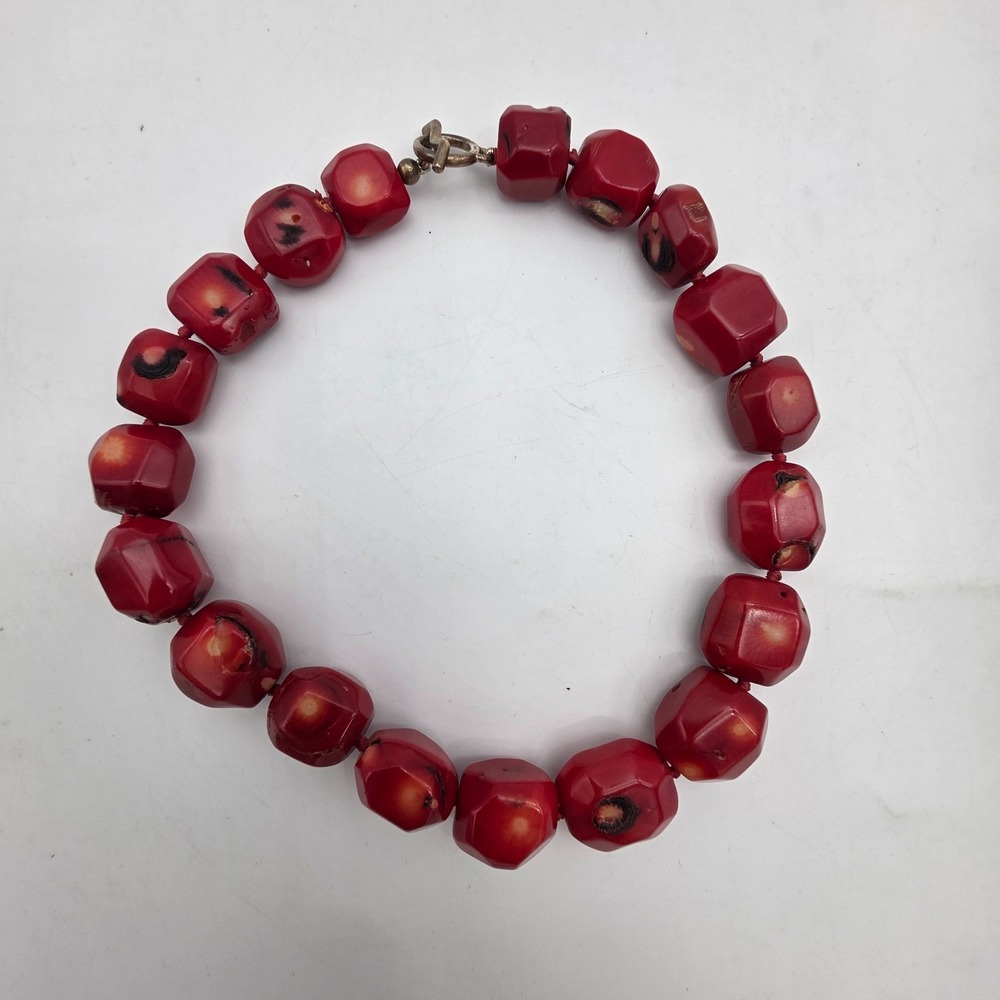 Chunky Red Coral Bead Necklace Large Polished Nugget Sterling Silver Clasp 16"
